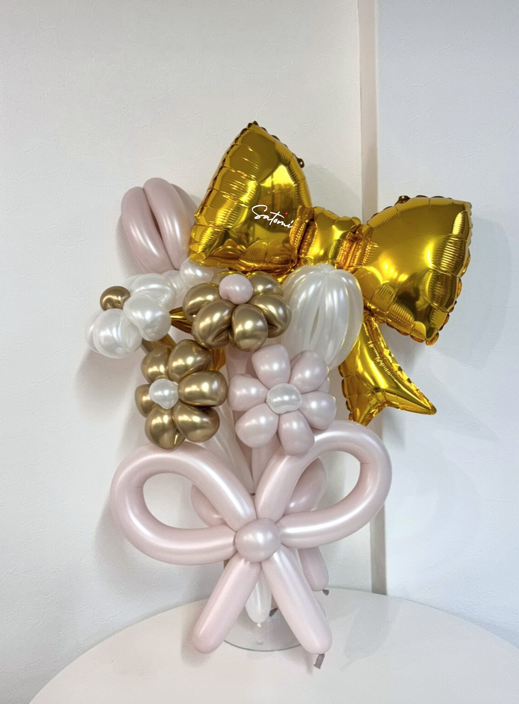 【卒業式】ゴールドリボン バルーンフラワーブーケ（バルーンリボン・ラインストーン選択可）｜全42色